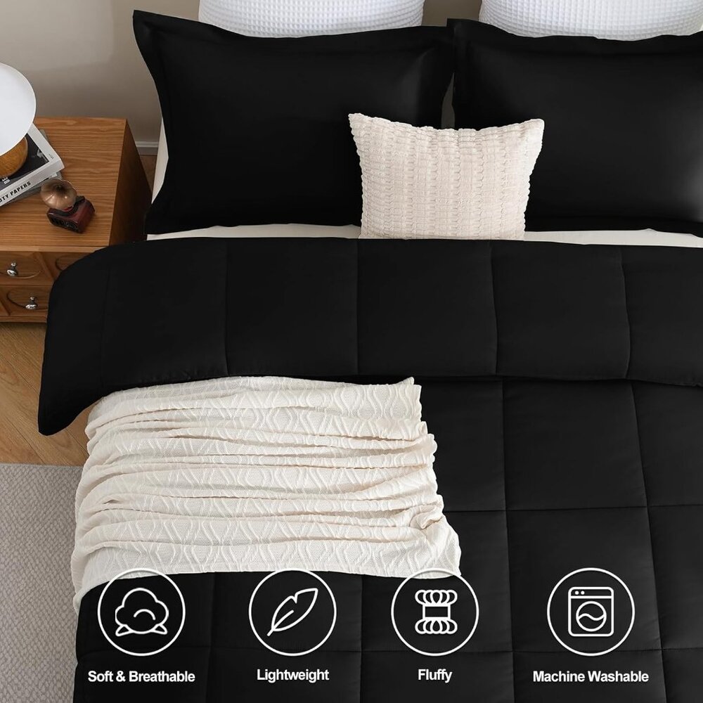 New Black Queen Comforter Set, 3-Piece Box Stitched Bedding, Down Alternative - Picture 2 of 13